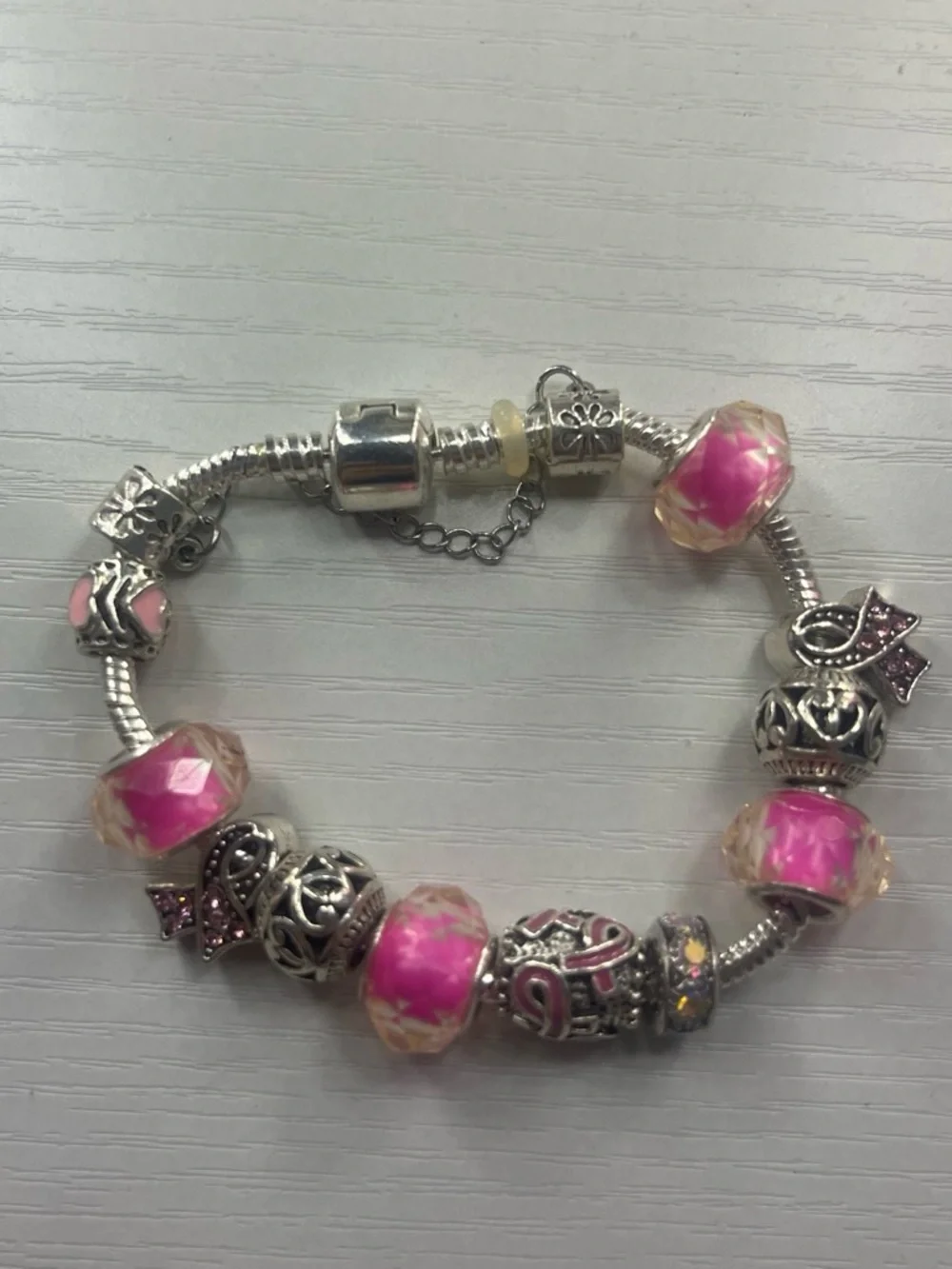 Pink Breast Cancer Awareness Charm Bracelet | Silver European Style Beads